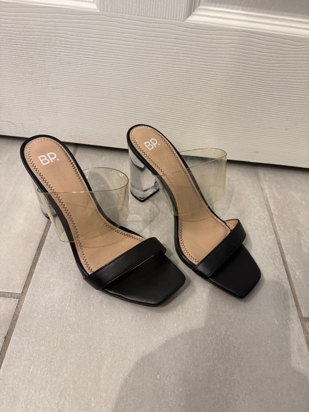 bp Black Clear Strap Block Heel Mules